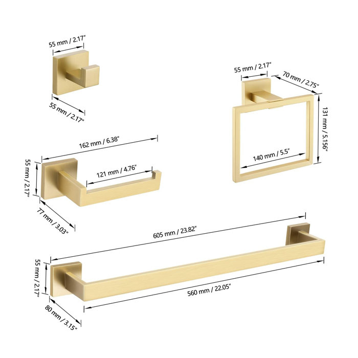 Gold 5-Piece Modern Square Bathroom Hardware Set