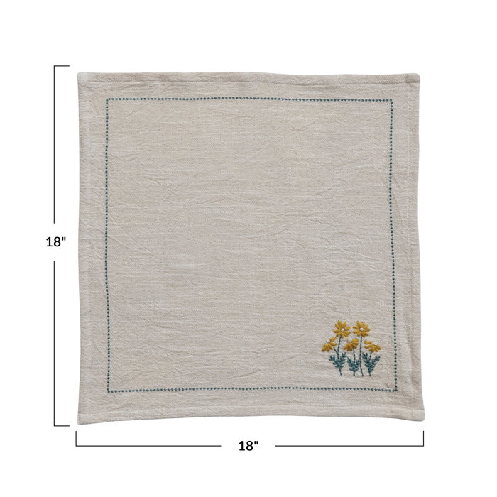 18" Multicolor Floral Hand-Embroidered Cotton Napkins Set