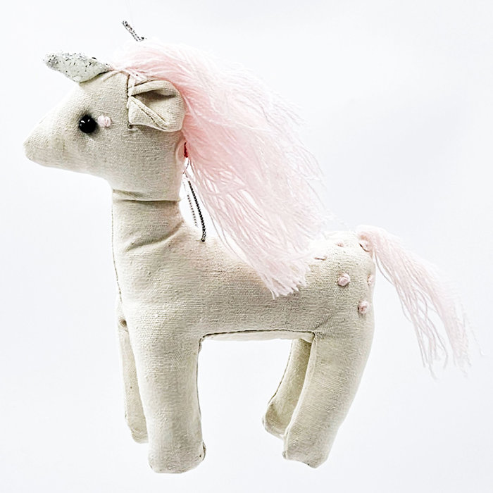 Cream and Pink Fabric Unicorn Hanging Ornament Set of 6