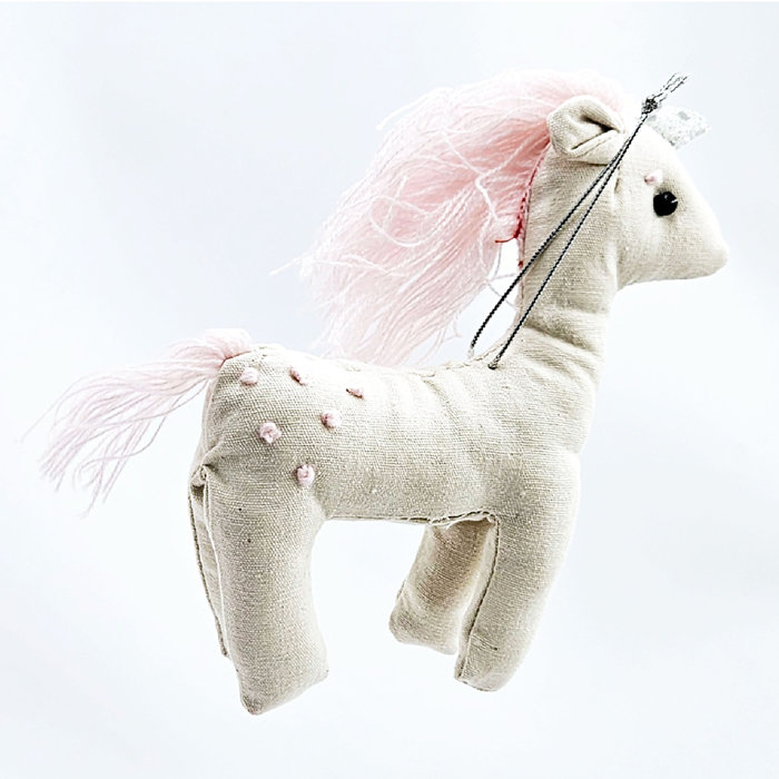 Cream and Pink Fabric Unicorn Hanging Ornament Set of 6