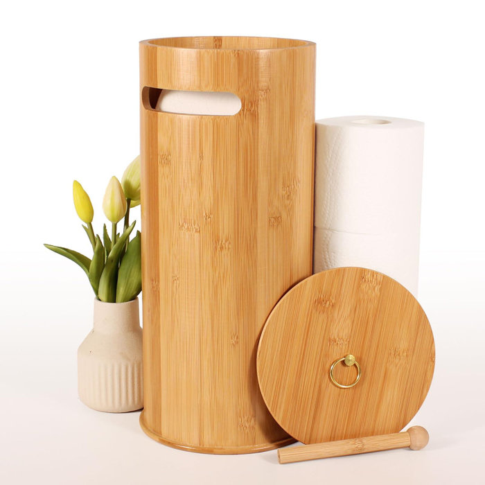 Freestanding Bamboo Toilet Paper Holder with Lid for Boho Bathroom