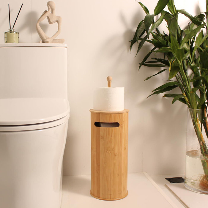 Freestanding Bamboo Toilet Paper Holder with Lid for Boho Bathroom