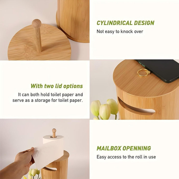 Freestanding Bamboo Toilet Paper Holder with Lid for Boho Bathroom