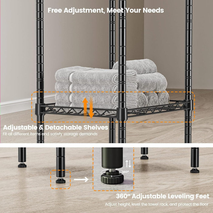 Black 44" Tall 3-Tier Freestanding Metal Towel Rack with Basket