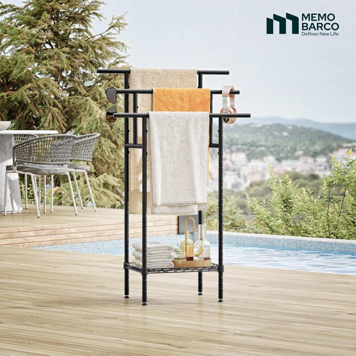 Black 44" Tall 3-Tier Freestanding Metal Towel Rack with Basket