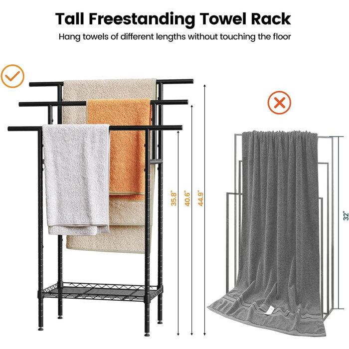 Black 44" Tall 3-Tier Freestanding Metal Towel Rack with Basket
