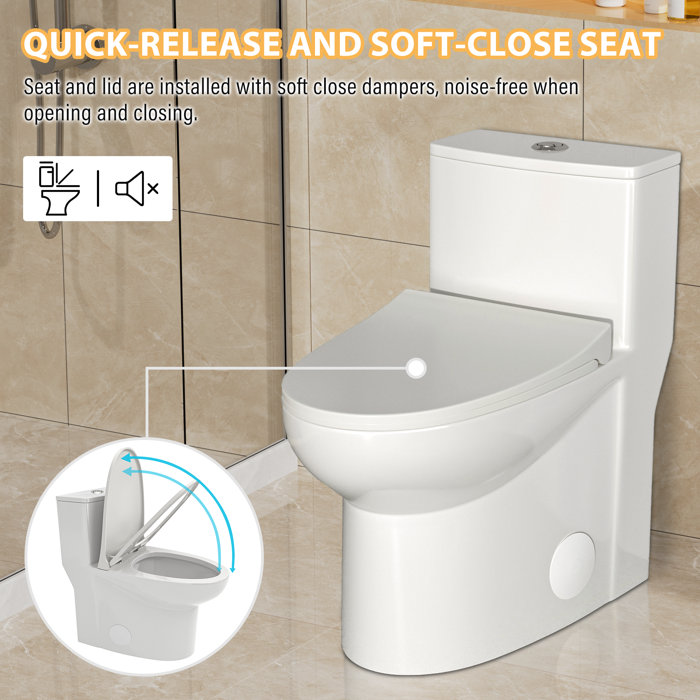 White Ceramic One-Piece Elongated Dual Flush Toilet