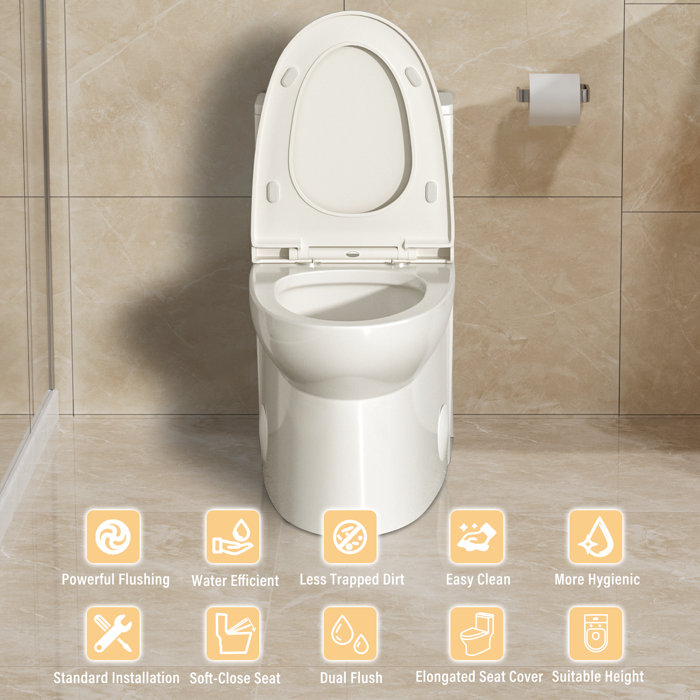 White Ceramic One-Piece Elongated Dual Flush Toilet