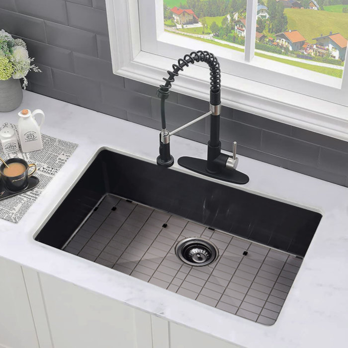Black Stainless Steel Single Bowl Undermount Kitchen Sink with Grid and Strainer
