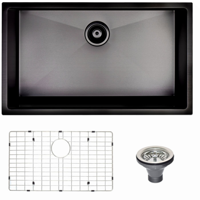 Black Stainless Steel Single Bowl Undermount Kitchen Sink with Grid and Strainer