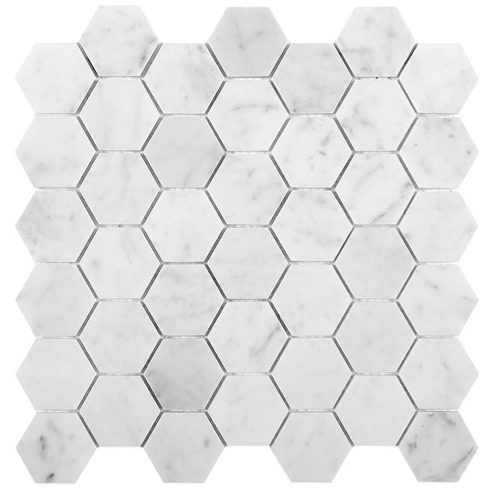 White Carrara 2" Hexagon Polished Marble Mosaic Tile