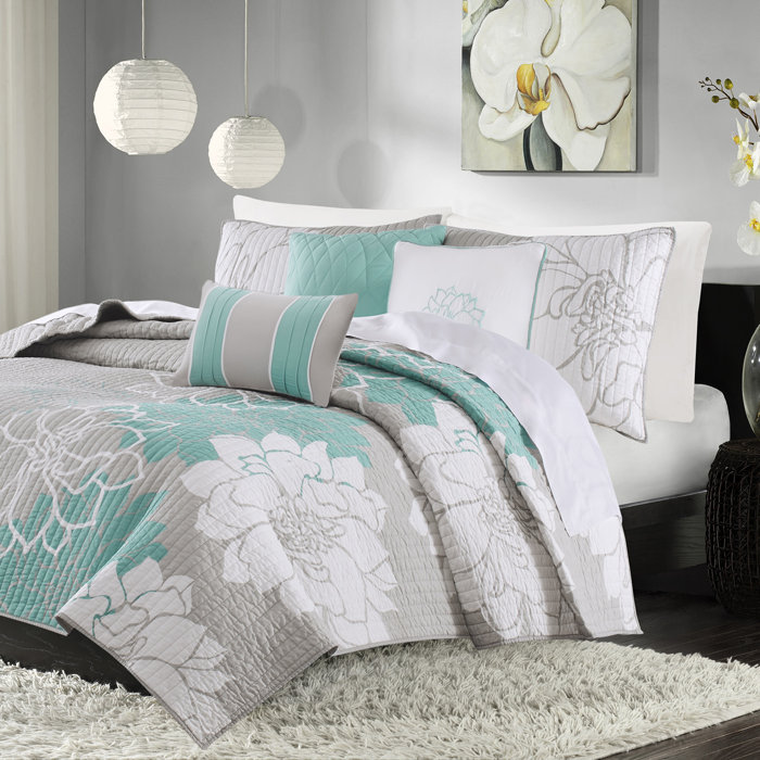 Gray and Aqua Full Cotton Reversible Quilt Set
