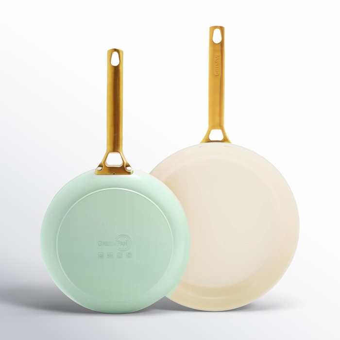 Mint and Cream Ceramic Nonstick Frying Pan Set with Gold Handles