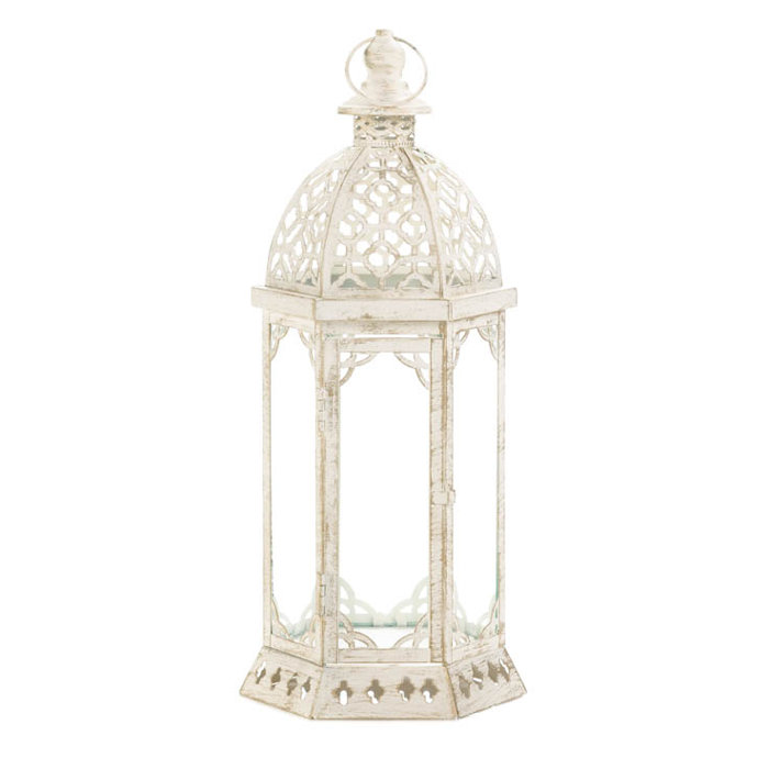 Distressed White Iron and Glass Hanging Lantern