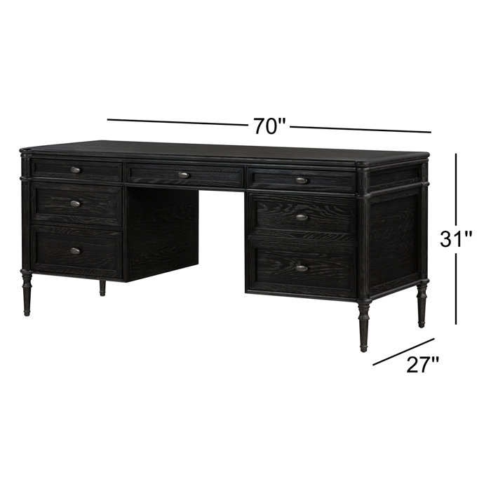 Distressed Black Solid Oak Executive Writing Desk with Drawers