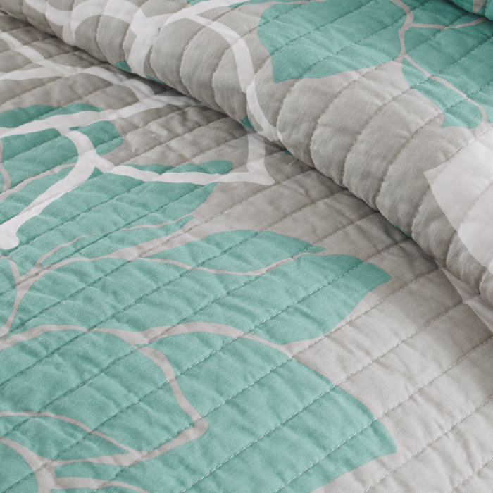 Gray and Aqua Full Cotton Reversible Quilt Set