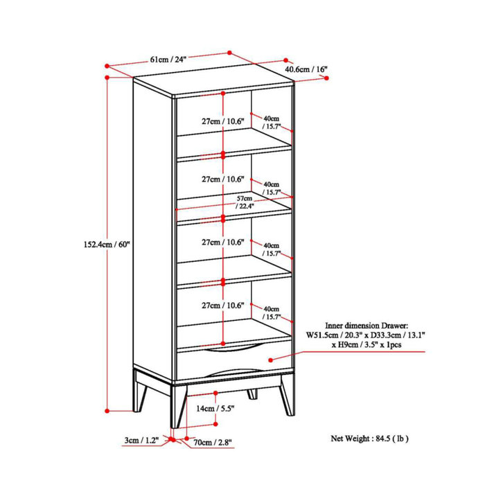 Harper Solid Hardwood Mid-Century Bookcase in Walnut Brown