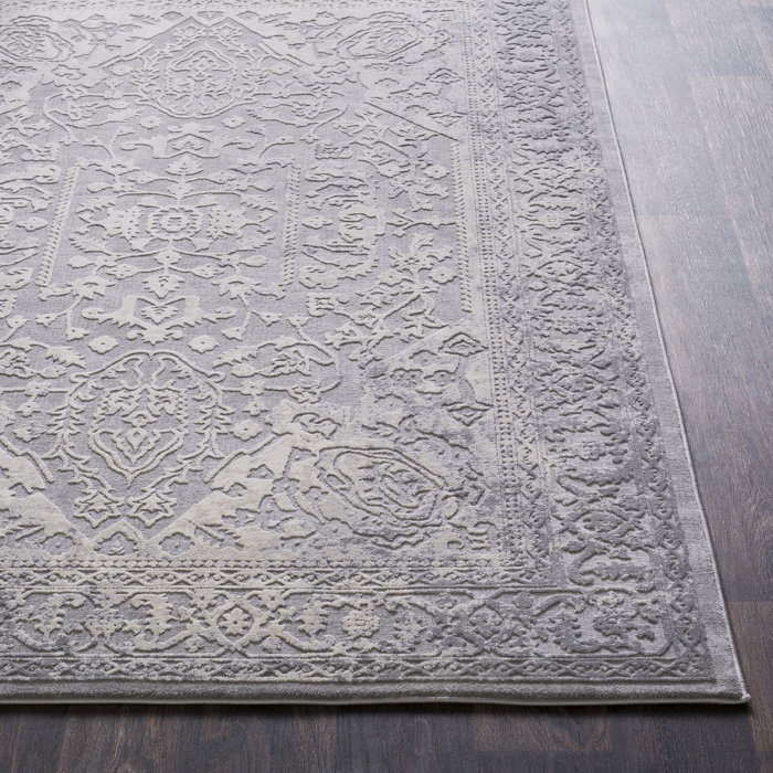 Round Ivory and Gray Synthetic Stain-Resistant Rug, 5'3"