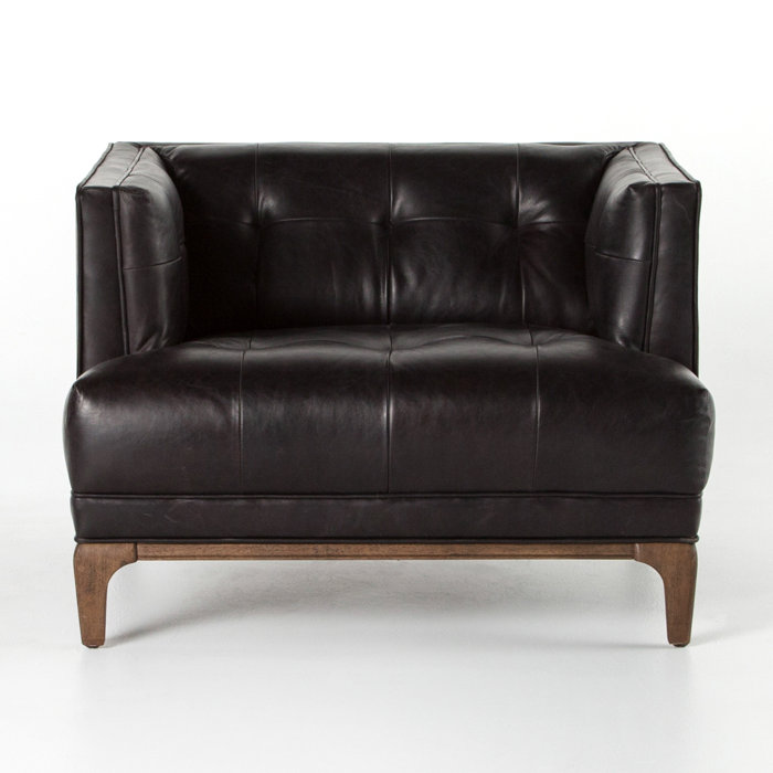 Rider Black Genuine Leather Squared Armchair with Parawood Legs