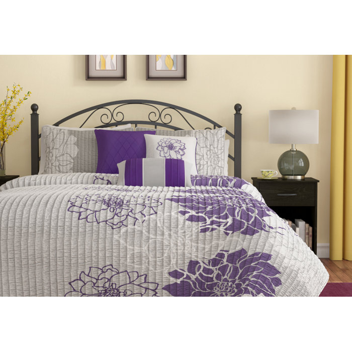 Gray and Yellow Floral Reversible Cotton King Quilt Set