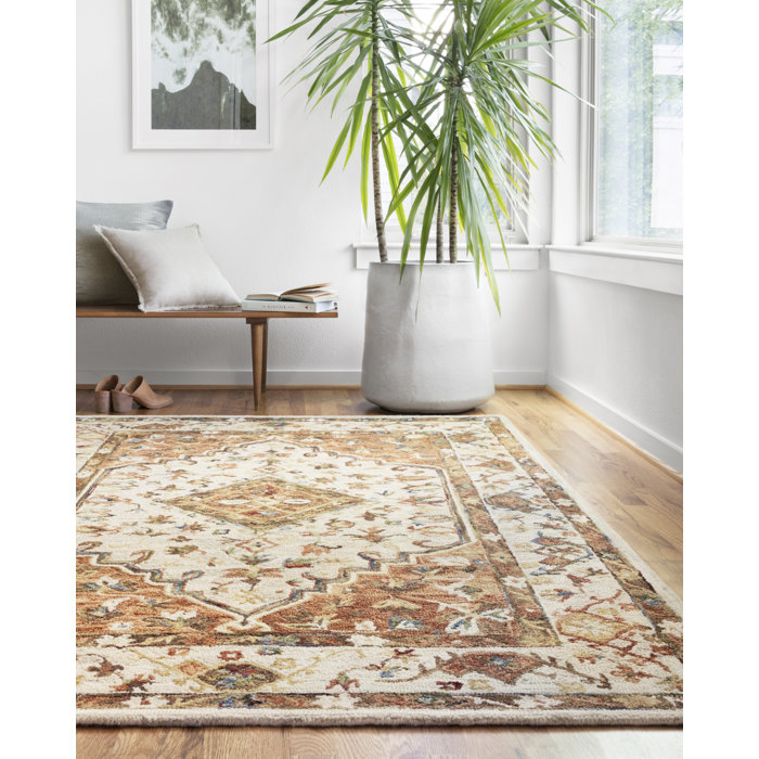Handmade Ivory & Rust Floral Wool Area Rug 9'3" x 13'