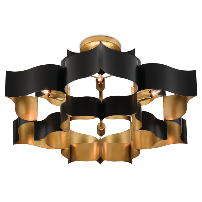 Satin Black and Contemporary Gold Leaf 6-Light Adjustable Chandelier