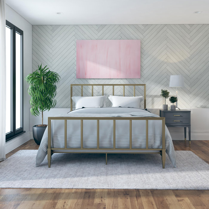 Blair King Size Golden Brass Metal Bed with Engraved Headboard
