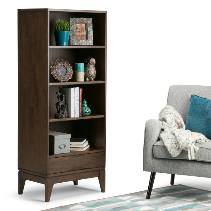 Harper Solid Hardwood Mid-Century Bookcase in Walnut Brown