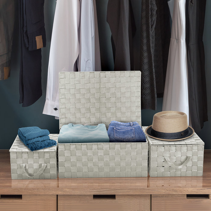 Beige Woven Fabric Storage Basket Set with Lids