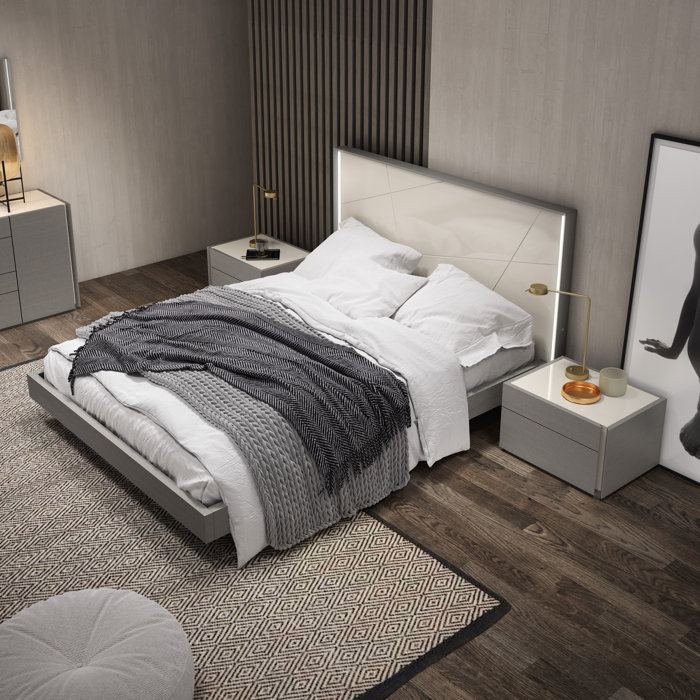 Lisbon Luxe Grey & White Queen Bed with LED Headboard Accents