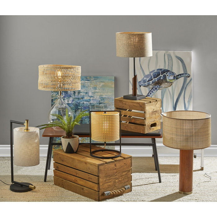Teardrop Clear Glass and Brushed Steel Table Lamp with Rattan Shade