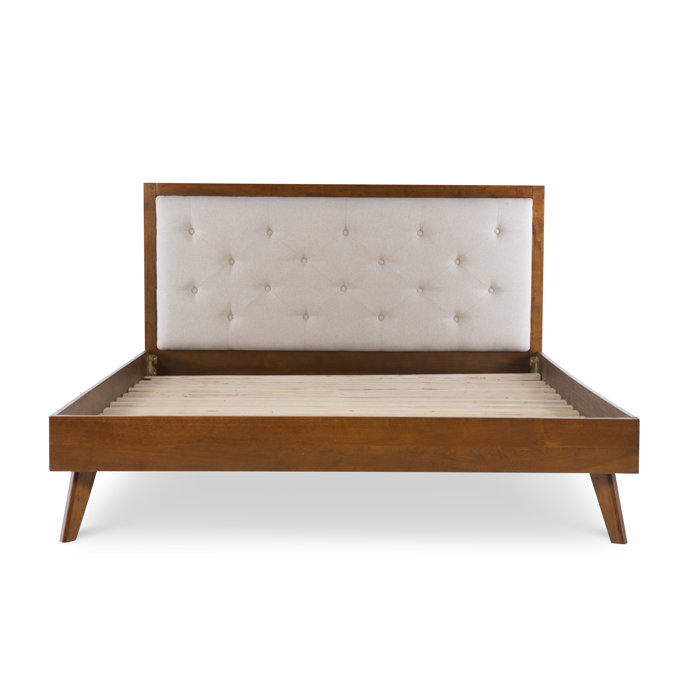 Mid-Century Modern Oatmeal King Bed with Tufted Upholstery