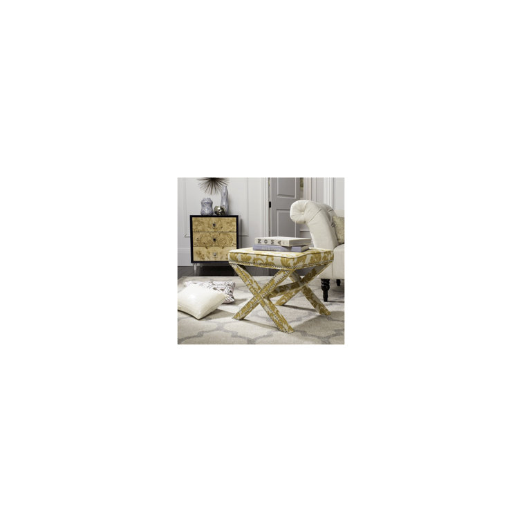 Maize and Beige Damask Pattern Upholstered Ottoman with Silver Nailhead Trim