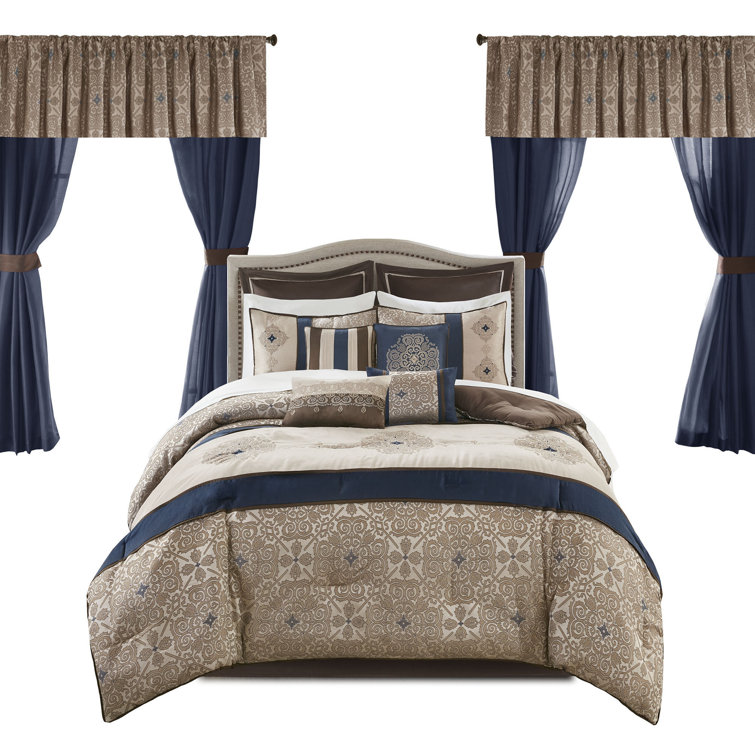 Navy Jacquard Microfiber Queen 24-Piece Bedding Set