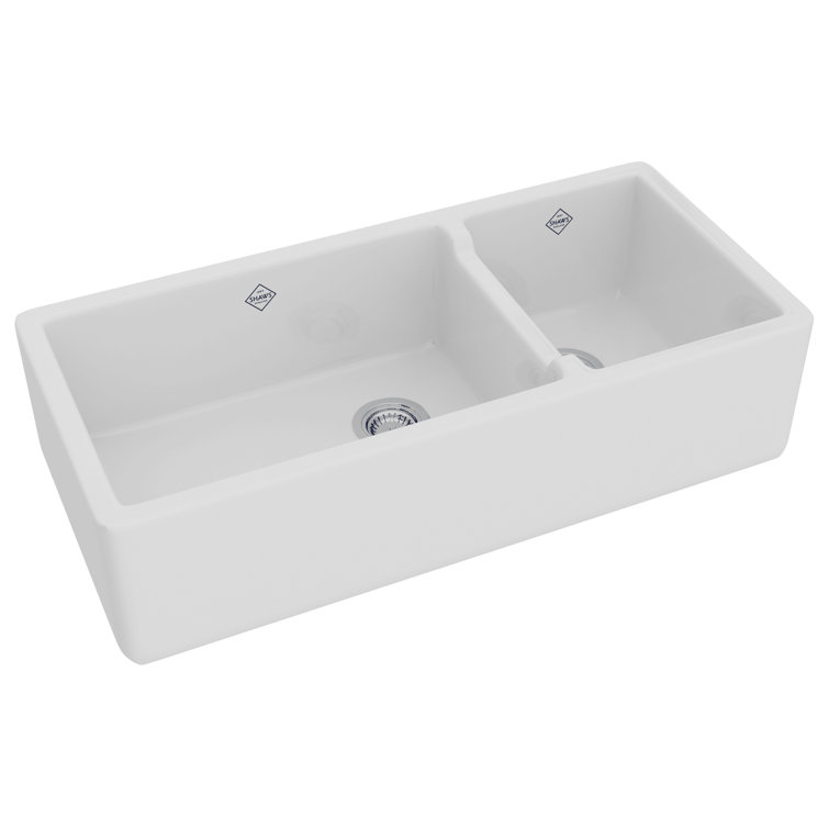 Lancaster 40" Double Bowl White Fireclay Farmhouse Sink