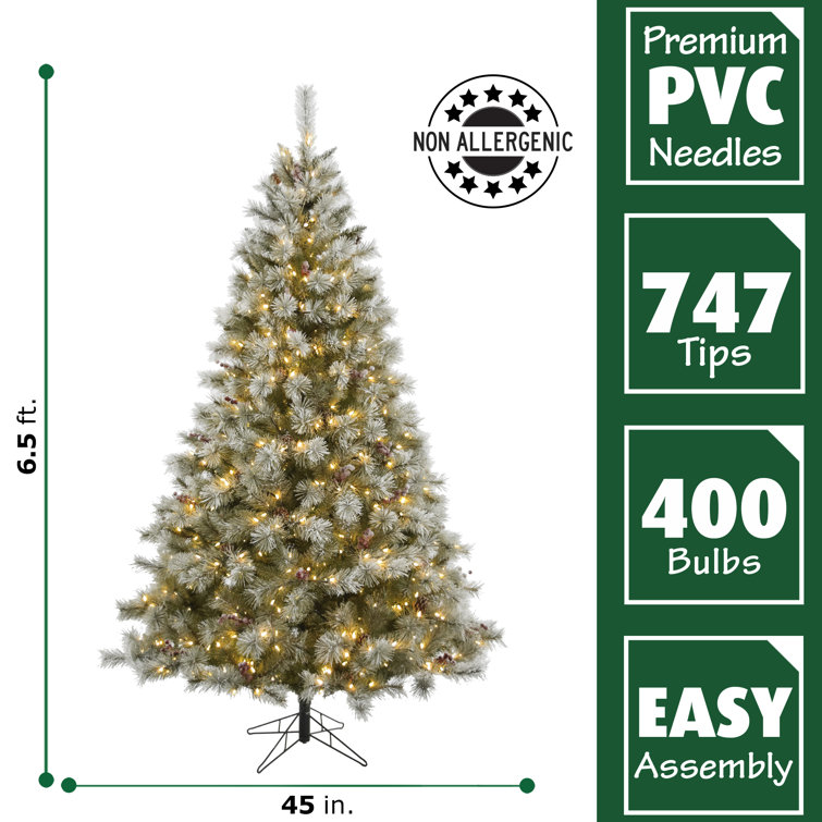 6.5-Ft Frosted Pine Christmas Tree with Clear Lights and Pinecones