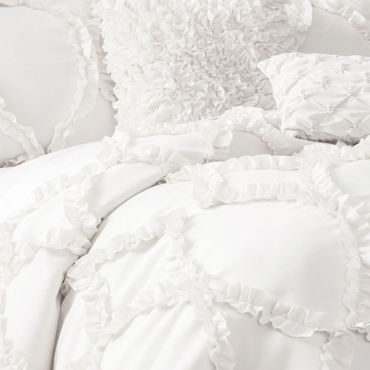 White Microfiber Queen Comforter Set with Ruffle Embroidery