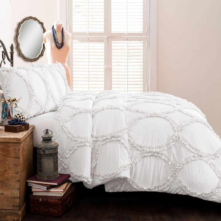 White Microfiber Queen Comforter Set with Ruffle Embroidery