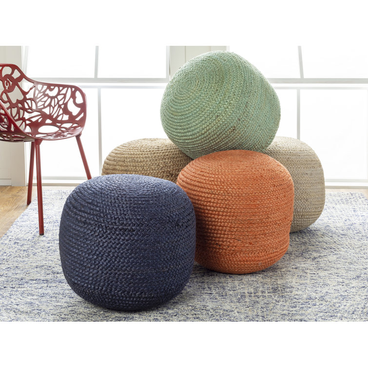 Surya Tropics Dark Blue Woven Jute Round Pouf Ottoman
