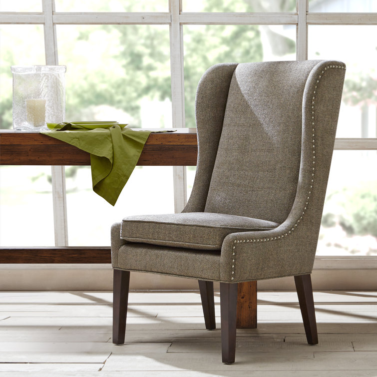Gray High Wing Back Upholstered Side Chair with Wood Legs