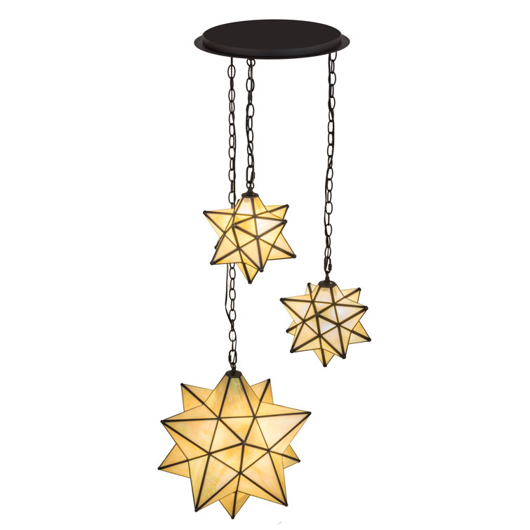 Beige Iridescent Glass and Bronze Star Pendant Light