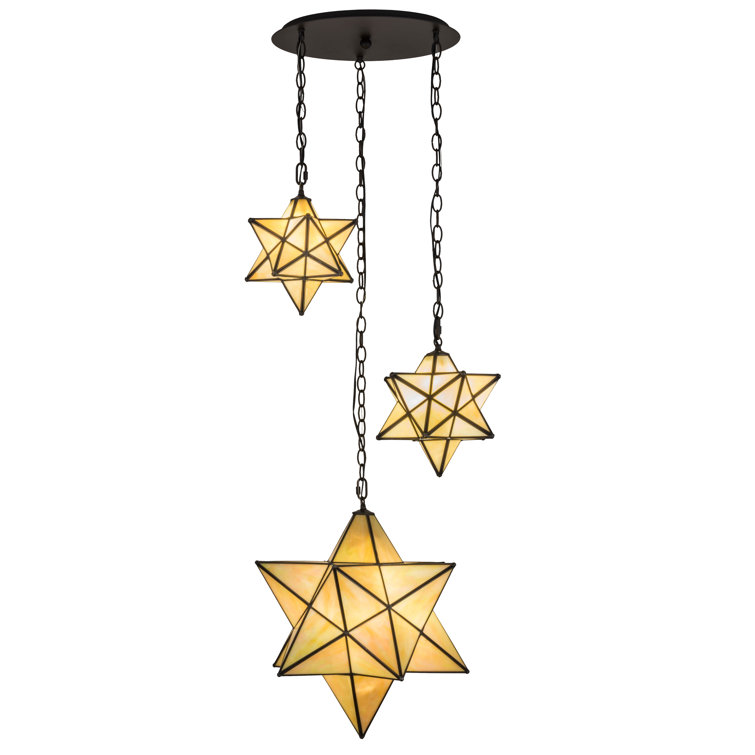 Beige Iridescent Glass and Bronze Star Pendant Light