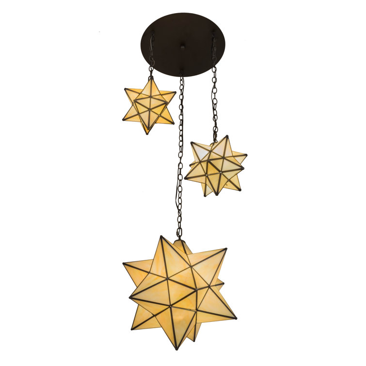 Beige Iridescent Glass and Bronze Star Pendant Light