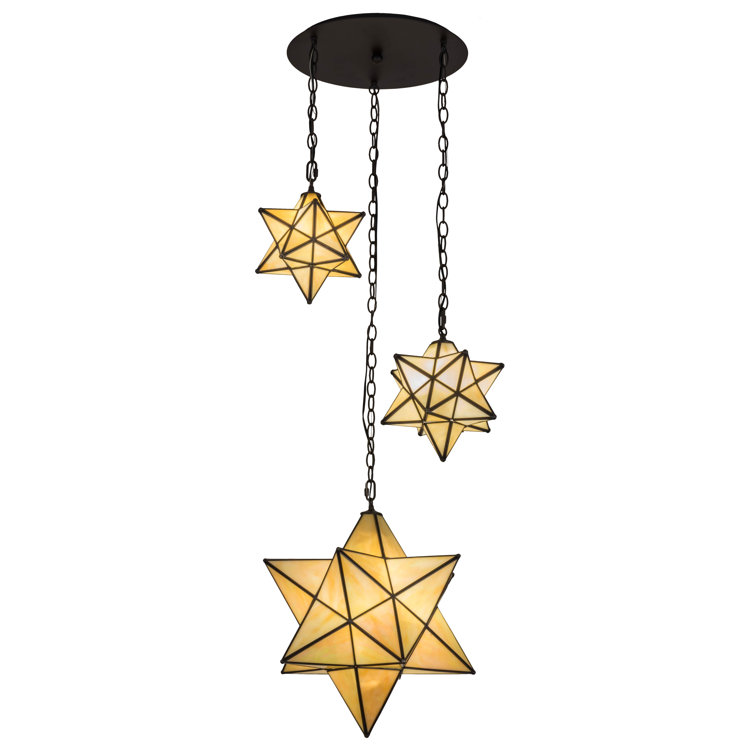 Beige Iridescent Glass and Bronze Star Pendant Light