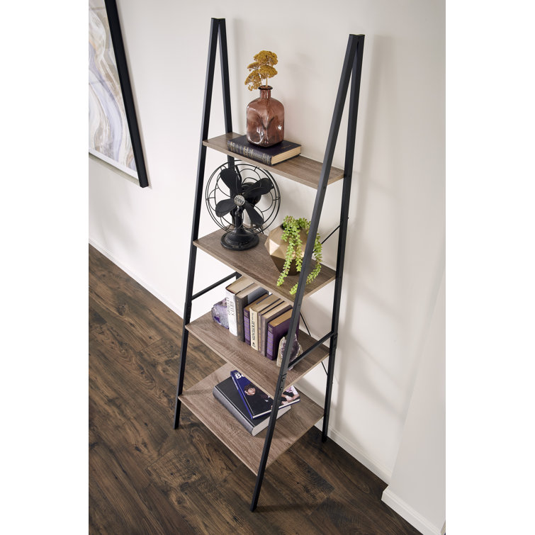 Weathered Gray 4-Tier Wood and Metal Ladder Shelf