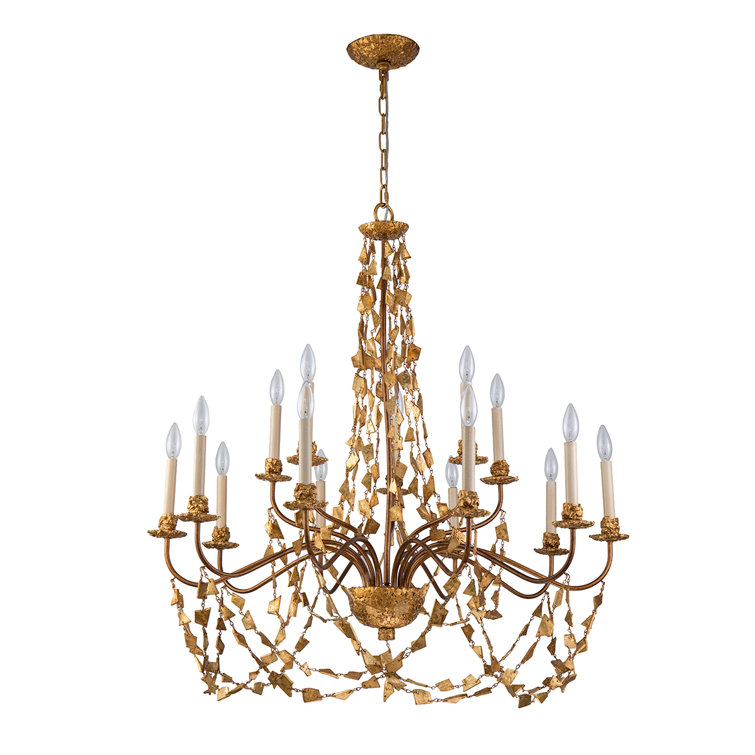 Gold Leaf 15-Light Candelabra Chandelier with Wrought Iron Frame