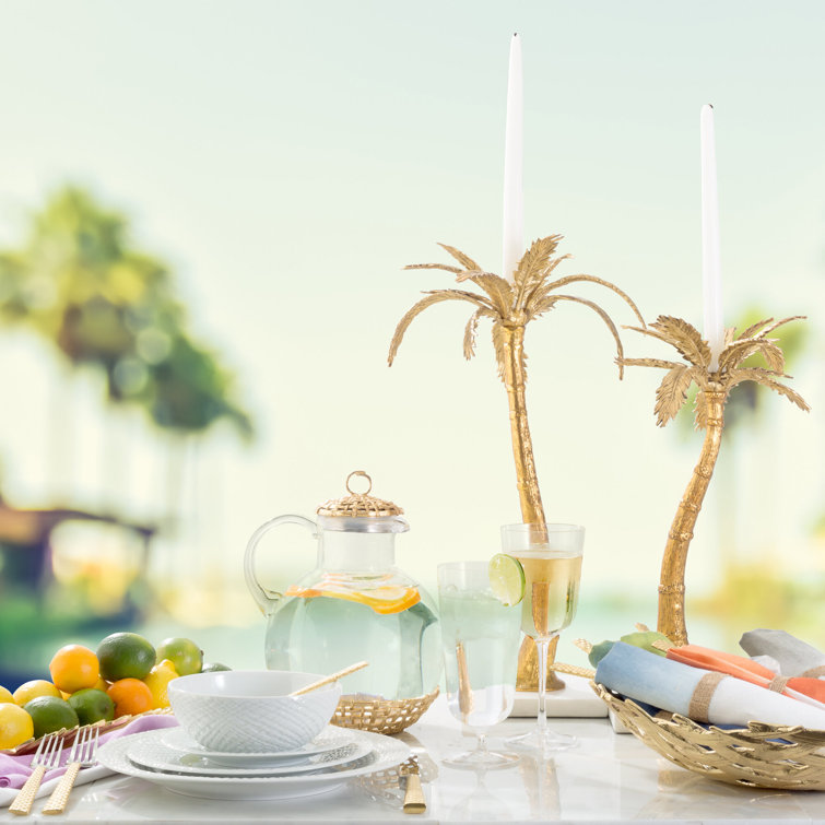Antique Gold Palm Frond Candleholders Set with Marble Base