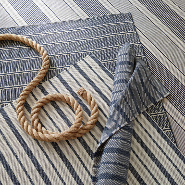 Ivory and Navy Handwoven Cotton Stripe Rug, 2 x 3 Feet