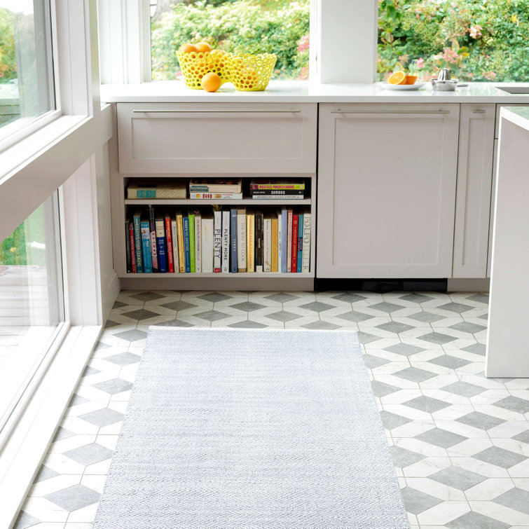 Swedish Blue Handwoven Cotton Herringbone Runner Rug 2.5 x 8