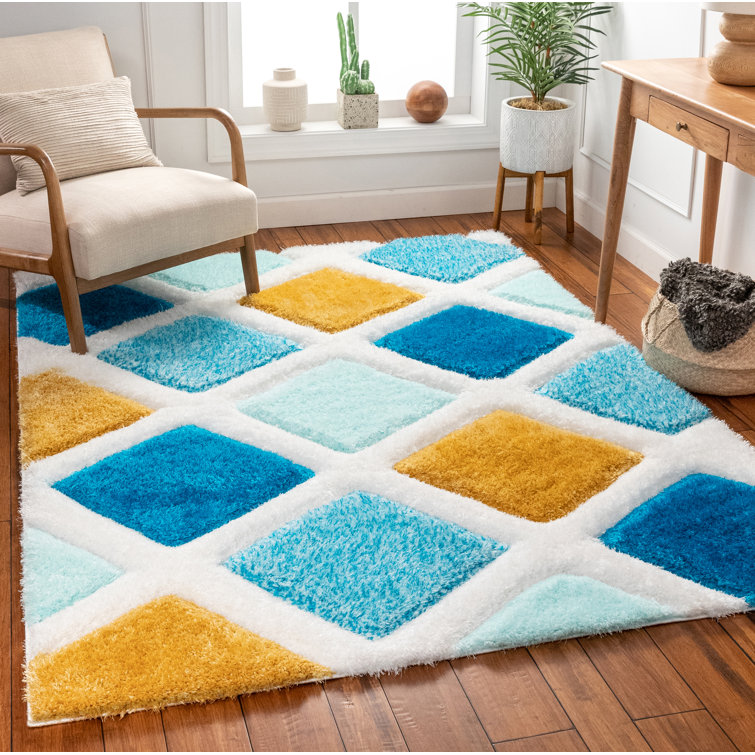 San Francisco Blue and Yellow Geometric Shag Area Rug